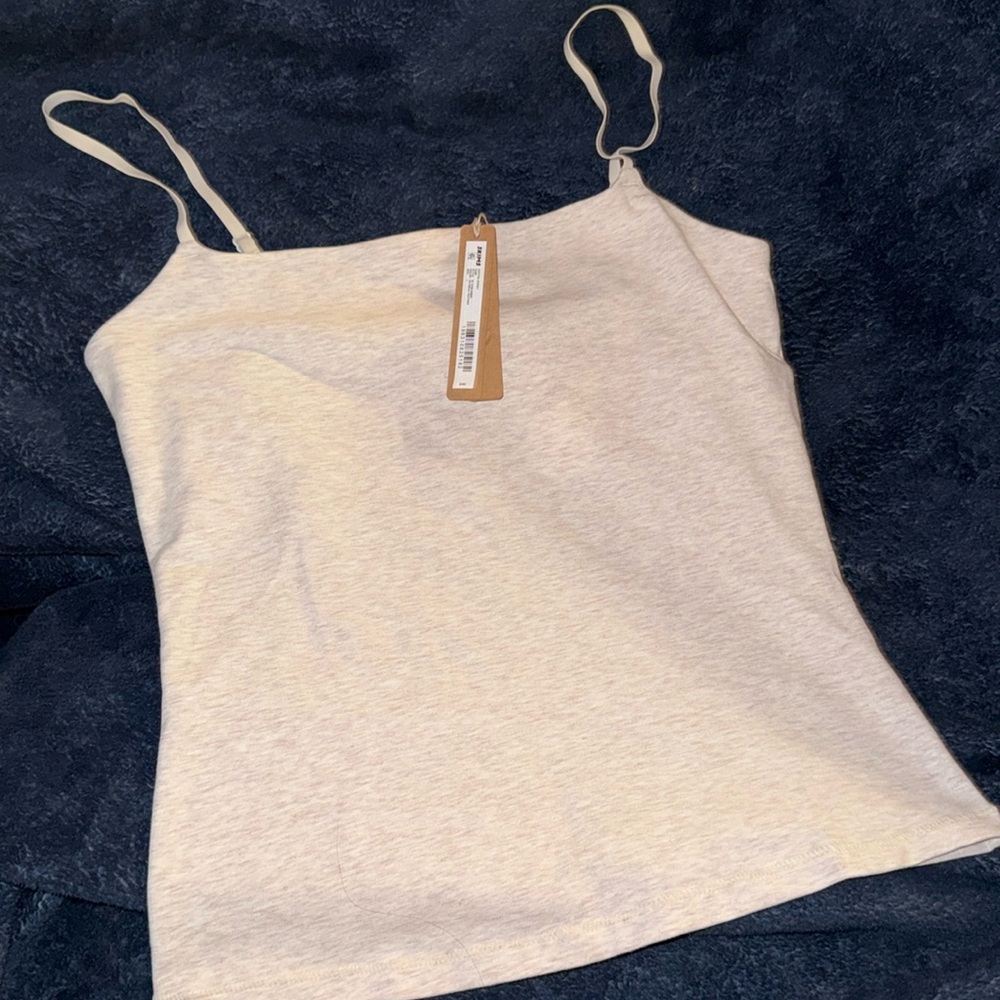Heather oatmeal cotton jersey cami light support w/interior bra & elastic.